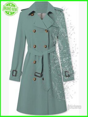 Waterproof Trench Coat with Belt, Double Breasted, Fitted Style